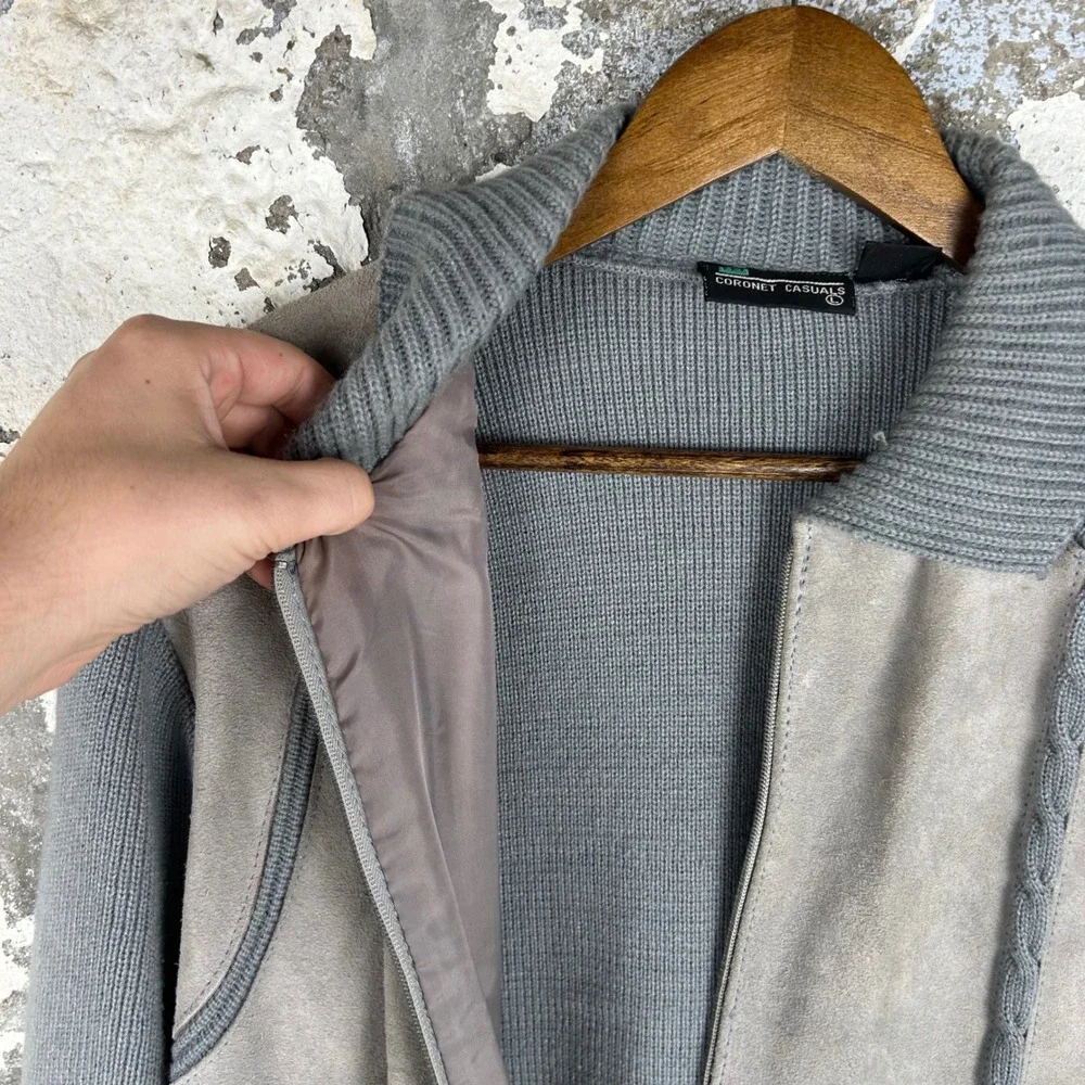 Vintage Coronet Casuals Suede Leather Knit Bomber Jacket Gray Mixed Media Mens L